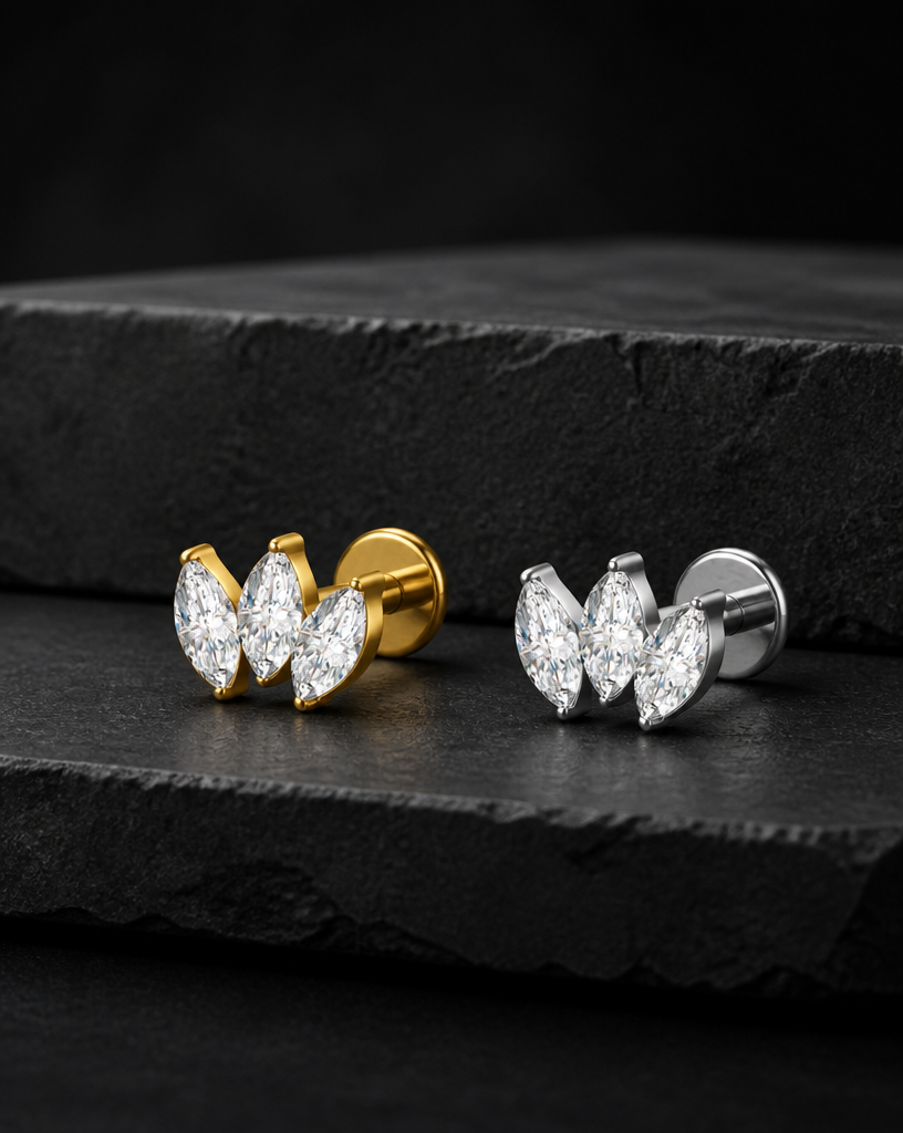 Titanium Triple Marquise CZ Flat Back Labret Stud – 16G Fan Piercing