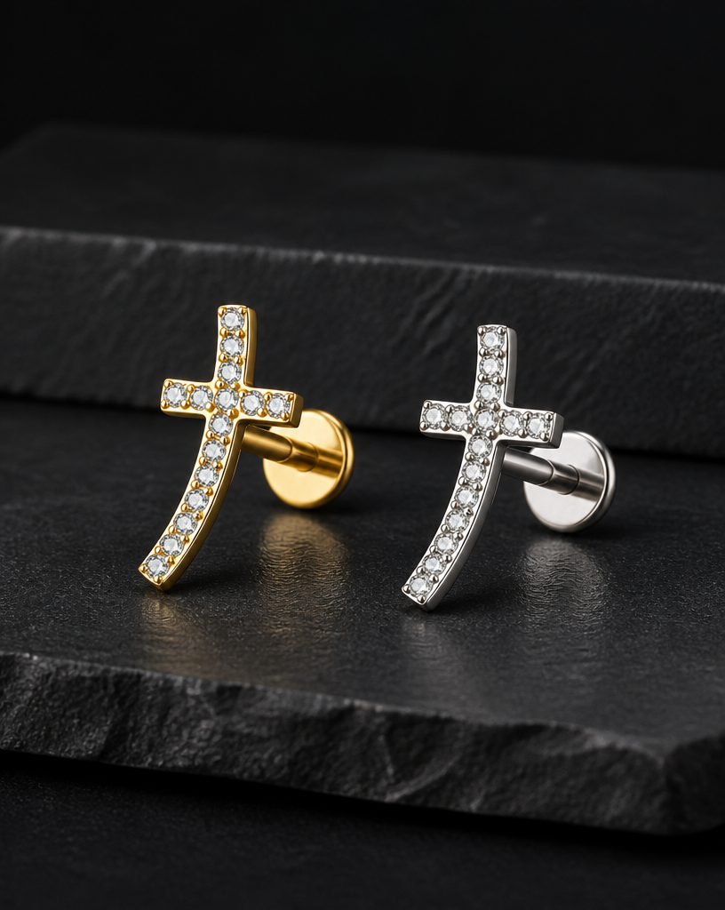 Titanium Curved Cross CZ Flat Back Labret Stud – 16G Pavé Cross Piercing