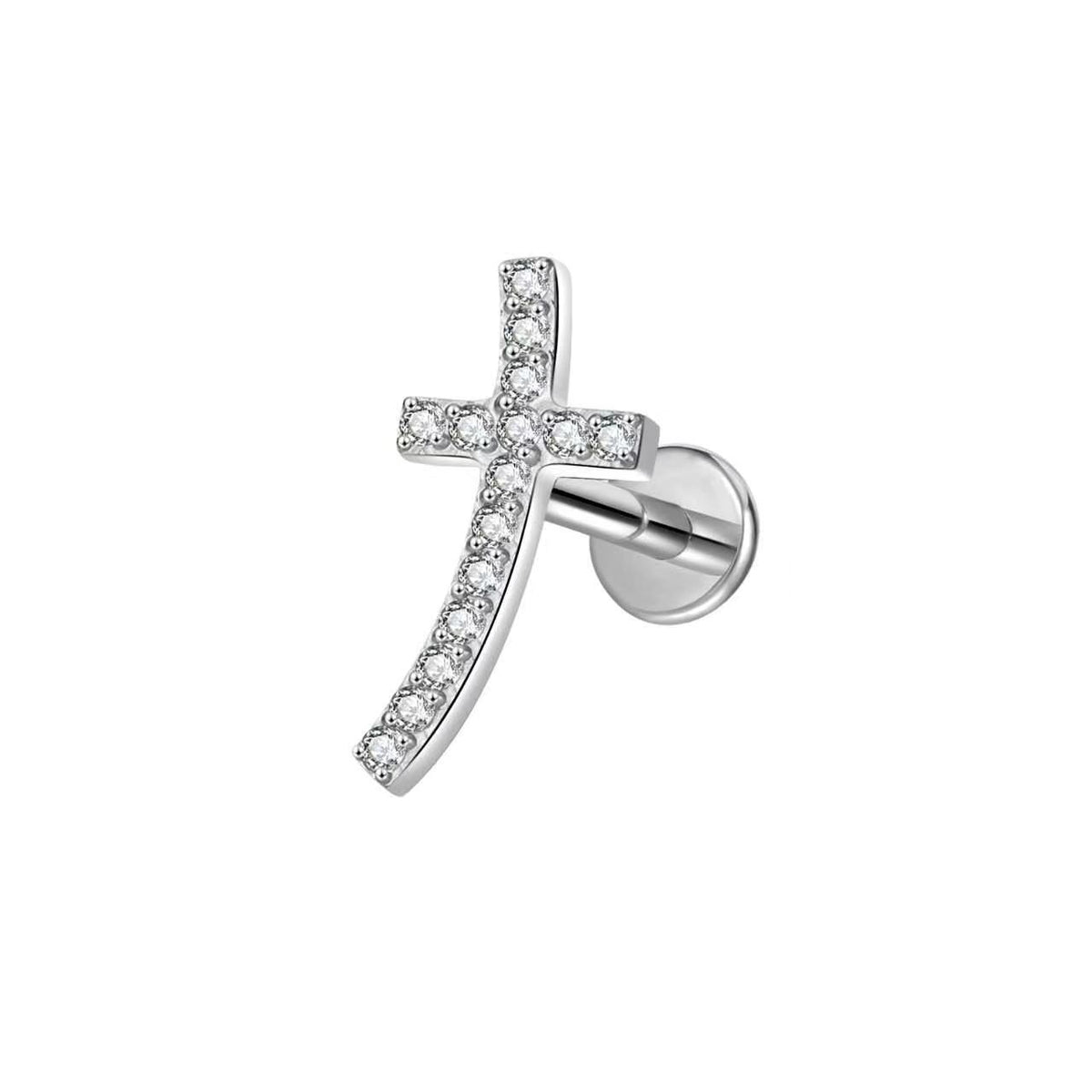 Titanium Curved Cross CZ Flat Back Labret Stud – 16G Pavé Cross Piercing