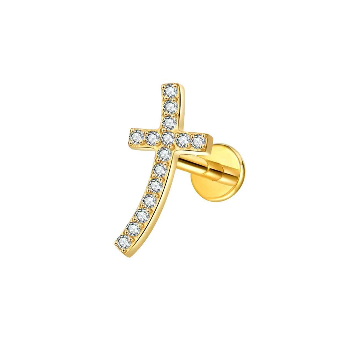 Titanium Curved Cross CZ Flat Back Labret Stud – 16G Pavé Cross Piercing