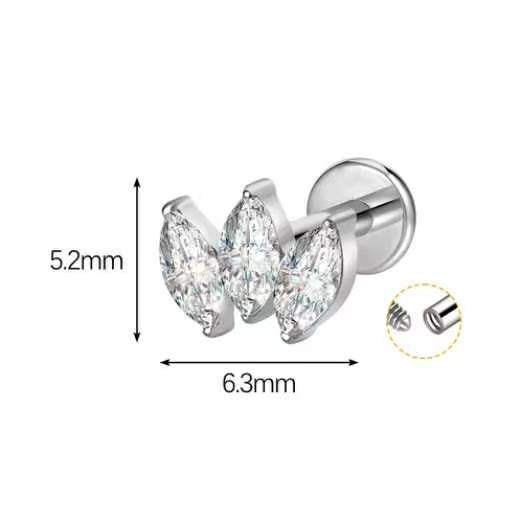Titanium Triple Marquise CZ Flat Back Labret Stud – 16G Fan Piercing