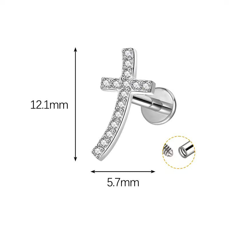Titanium Curved Cross CZ Flat Back Labret Stud – 16G Pavé Cross Piercing