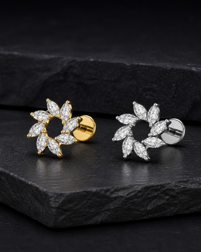 Titanium Marquise CZ Wreath Flat Back Labret Stud – 16G Circle Cluster