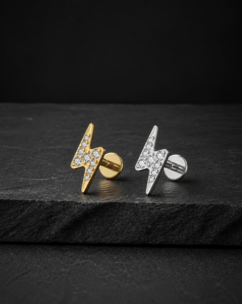 Titanium CZ Lightning Bolt Labret Lip Stud